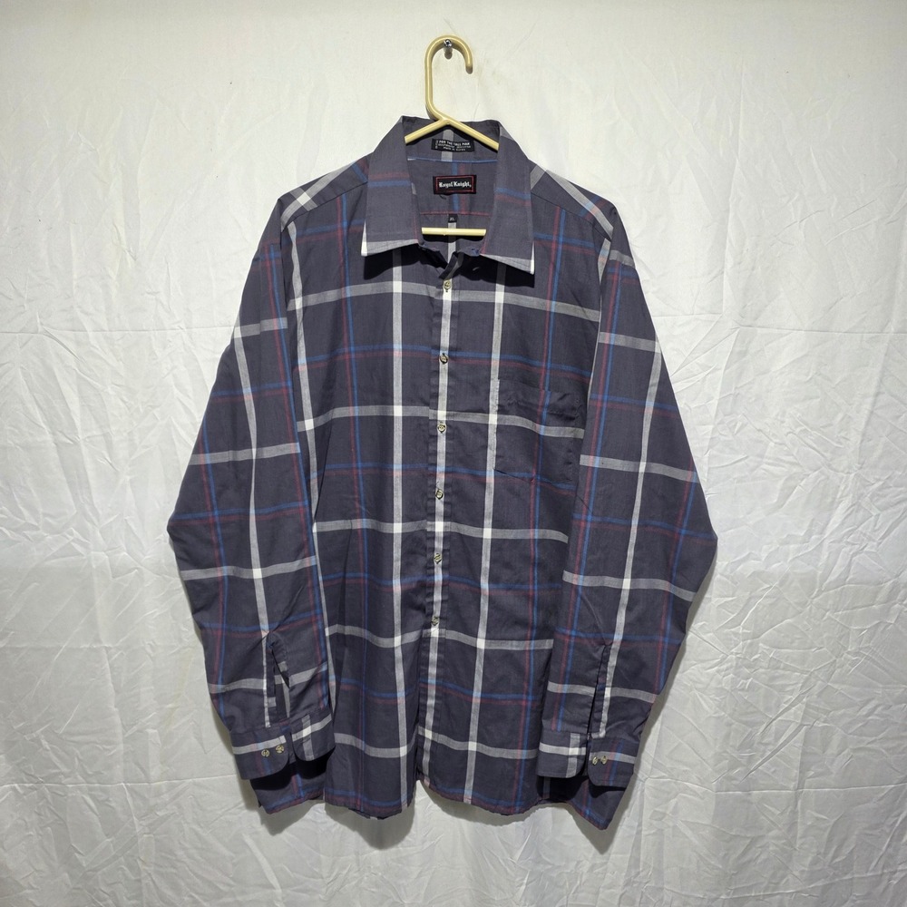 Royal Knight Mens XL Tall Plaid Button Down Shirt Grey Blue Long Sleeve Pocket